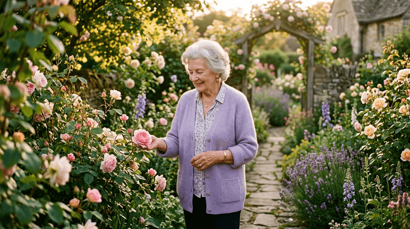 In her beloved garden, where she found peace among the flowers