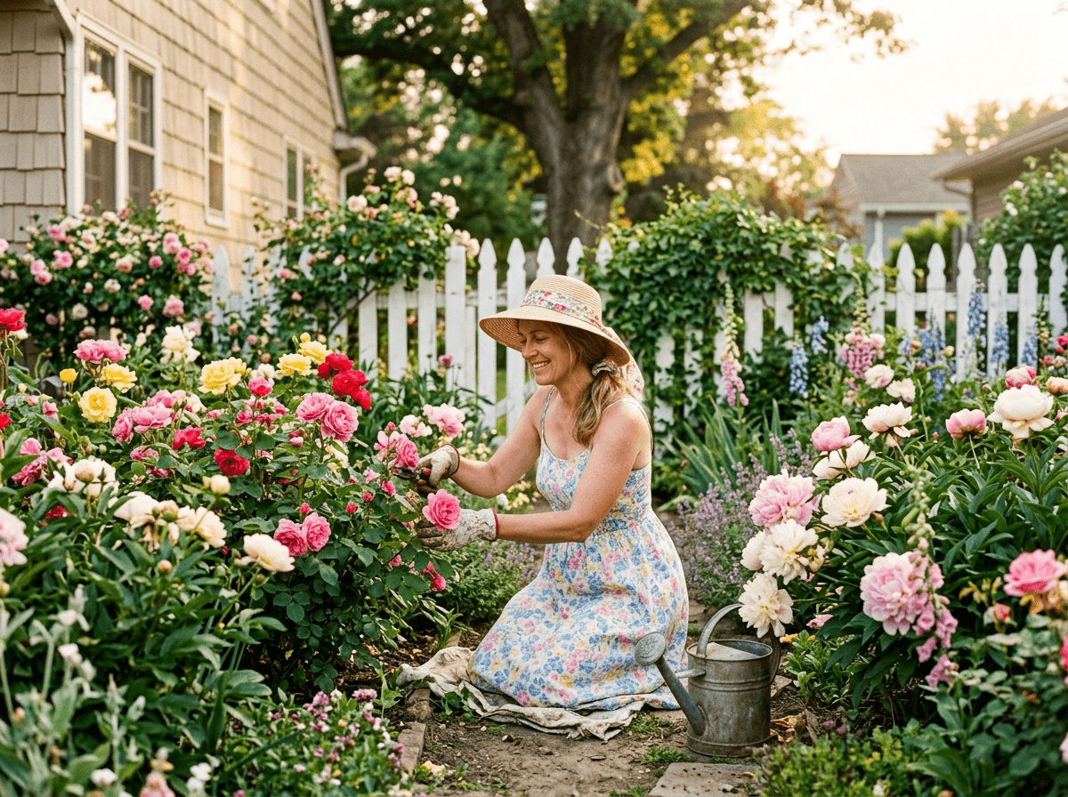 Among her beloved flowers