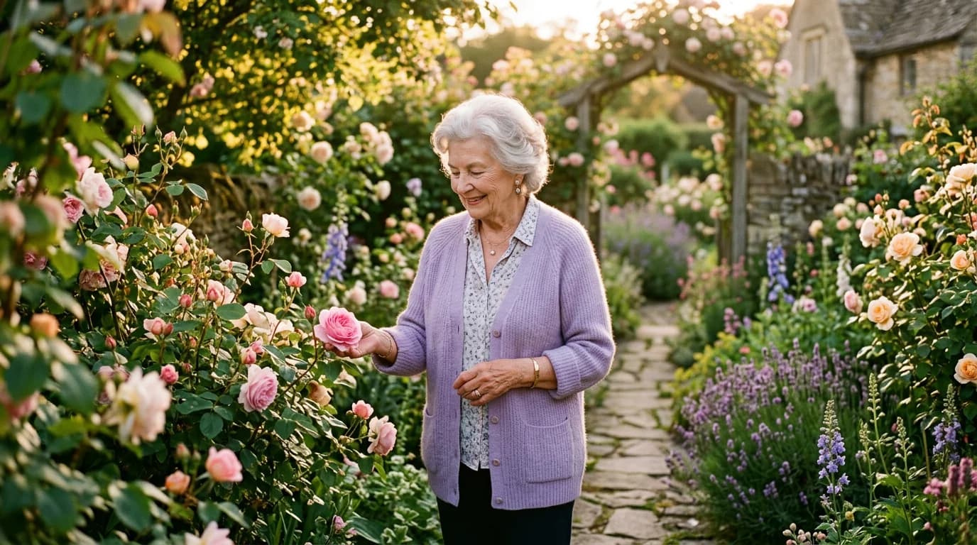 In her beloved garden, where she found peace among the flowers