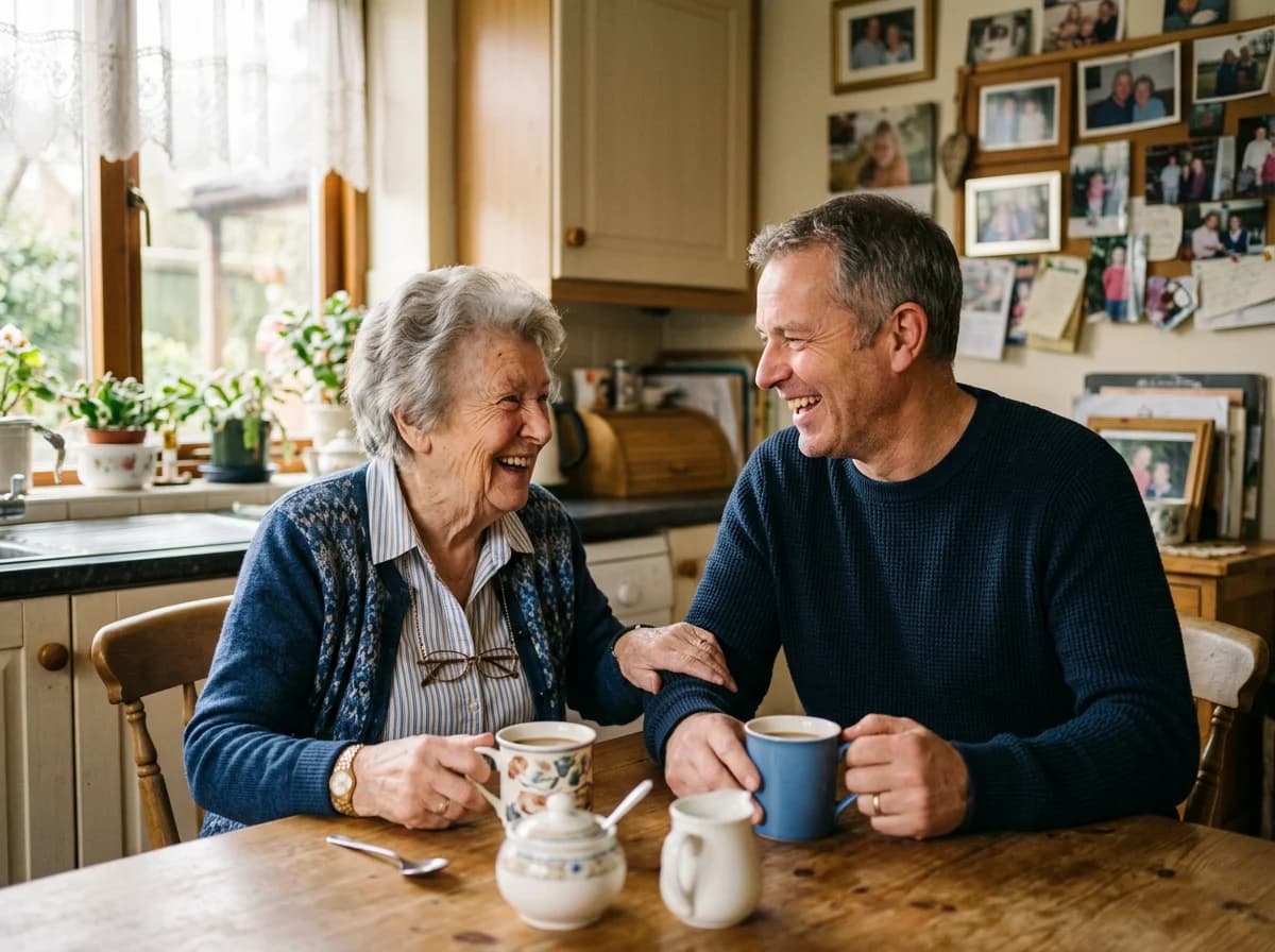 Sunday coffee and laughter at her kitchen table